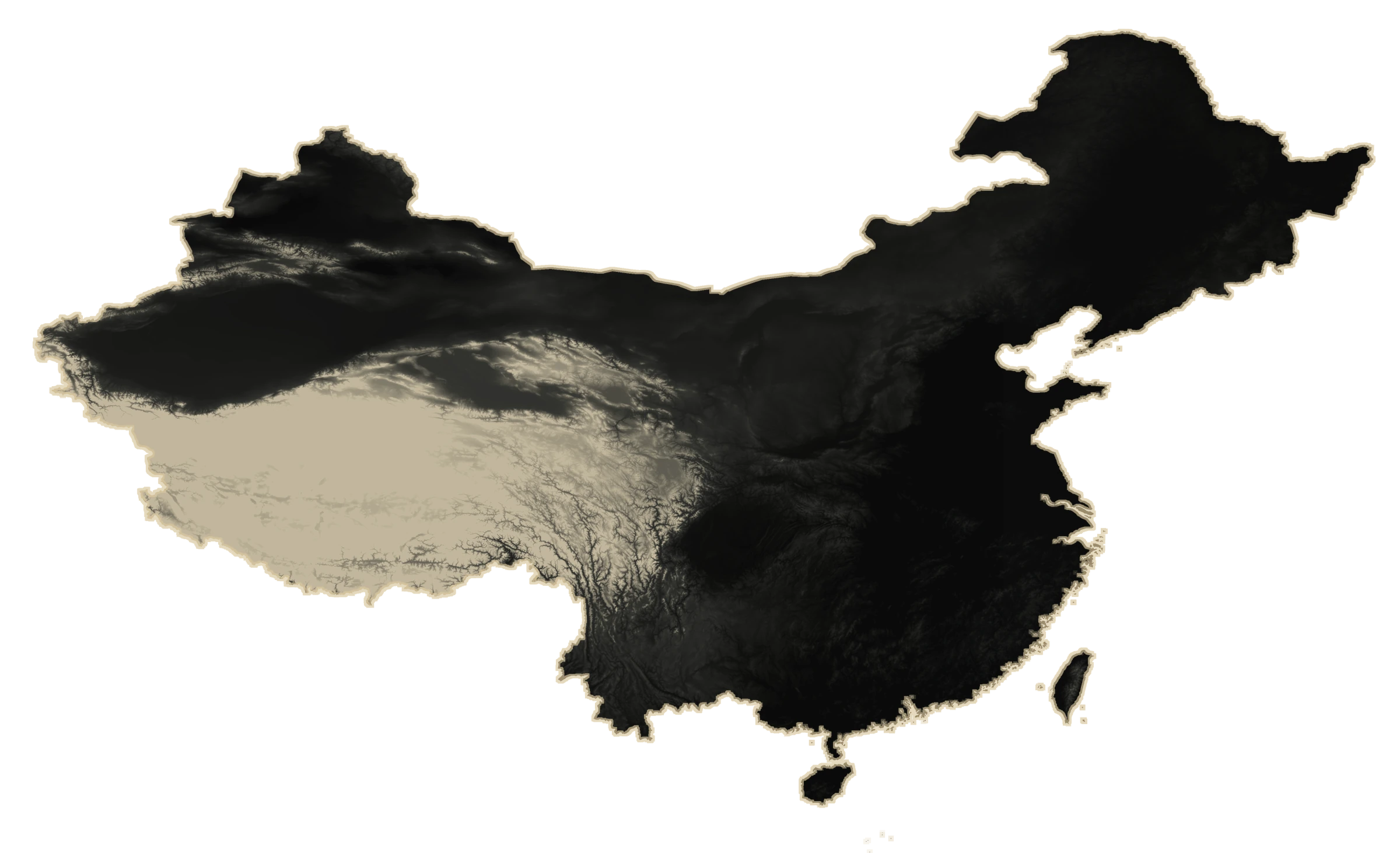 基于真实地理边界与高程数据制作的中国地形艺术地图