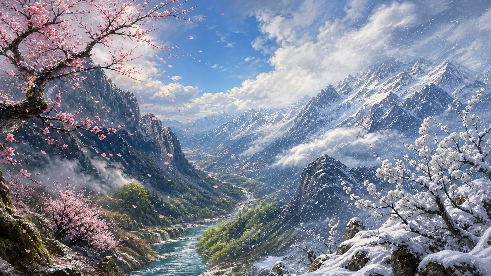 横跨两个季候的中国山地长卷，画面左侧暮春风雨吹落残花并沿山谷退去，右侧冷空气卷起初雪迎面而来，远处同一条山脊由湿润青灰过渡到银白，未出现人物、文字或不合时宜的现代建筑