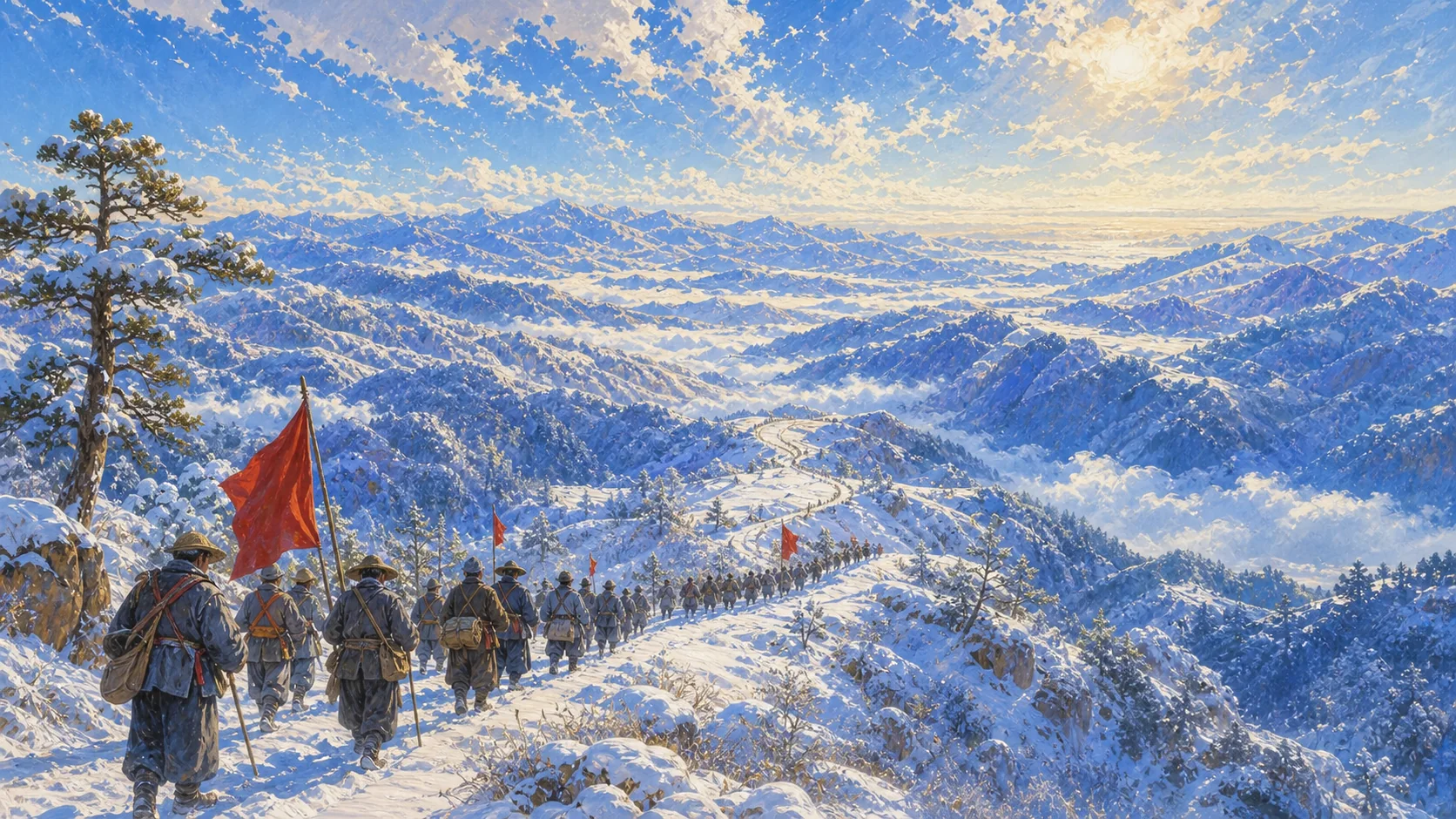 1930年冬季江西山路被密雪覆盖，天空与群山几乎融成白色，穿灰蓝旧式衣装和草鞋的长队沿画面下缘急行；人物均为背影或远景，不出现可辨认历史人物、文字、徽记、现代车辆或血腥场面