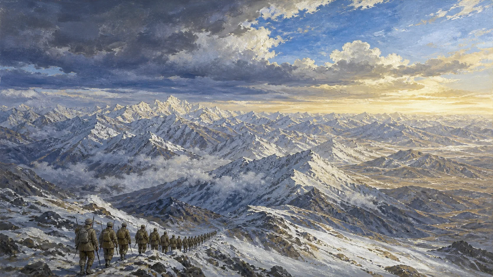 1935年岷山一带的高寒山口远望巨大雪山体系，无数雪脊像玉龙横贯风暴天空，极小的红军队伍沿前景山脊前行，画面没有现代设施