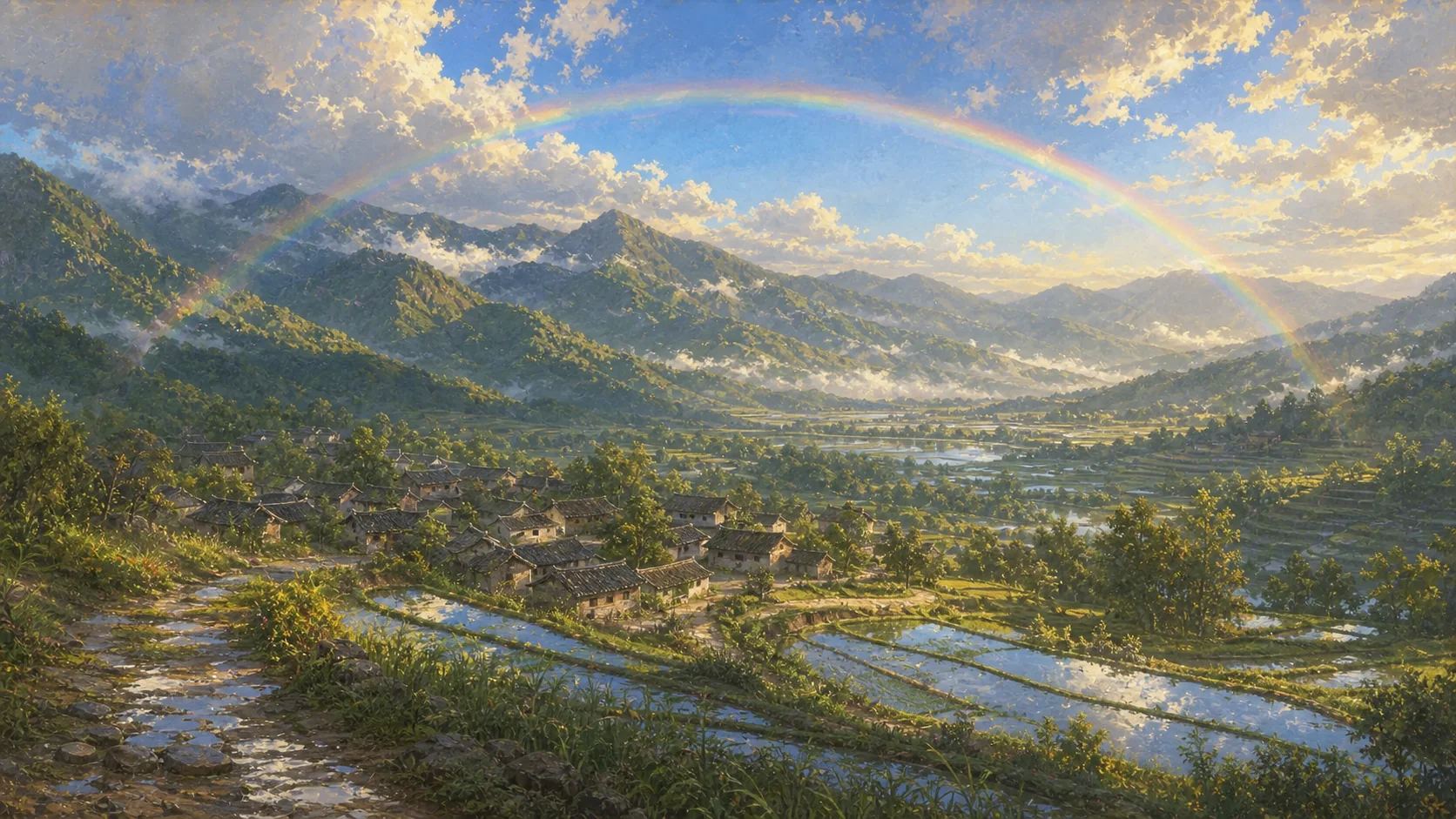 1933年夏雨后的赣南大柏地，完整彩虹横跨洗净的青绿群山、梯田和旧村落，云隙阳光照亮湿润山谷，画面没有现代建筑与设施