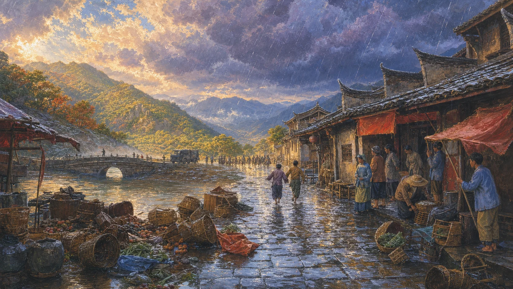 1929年前后闽赣边界河谷小城被巨大暴雨云压住，远处旧式军阀纵队和蒸汽车辆仅为极小剪影，前景集市竹篮翻倒、普通百姓背影在雨中避难；画面强调战争造成的失序，不出现可辨认历史人物正脸、清晰军旗徽记、文字、现代车辆或血腥伤亡