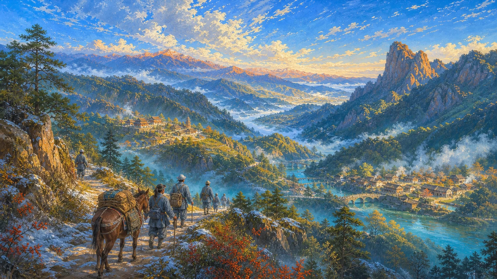 1930年冬季闽西山地的三个层叠山谷与传统聚落在薄雾中依次展开，一支穿灰蓝旧式棉衣、草鞋并带驮马的队伍沿盘山小路由近向远移动，三处地景是诗意蒙太奇而非带文字的精确地图；没有可读地名、现代道路、车辆、电线或可辨识人物正脸