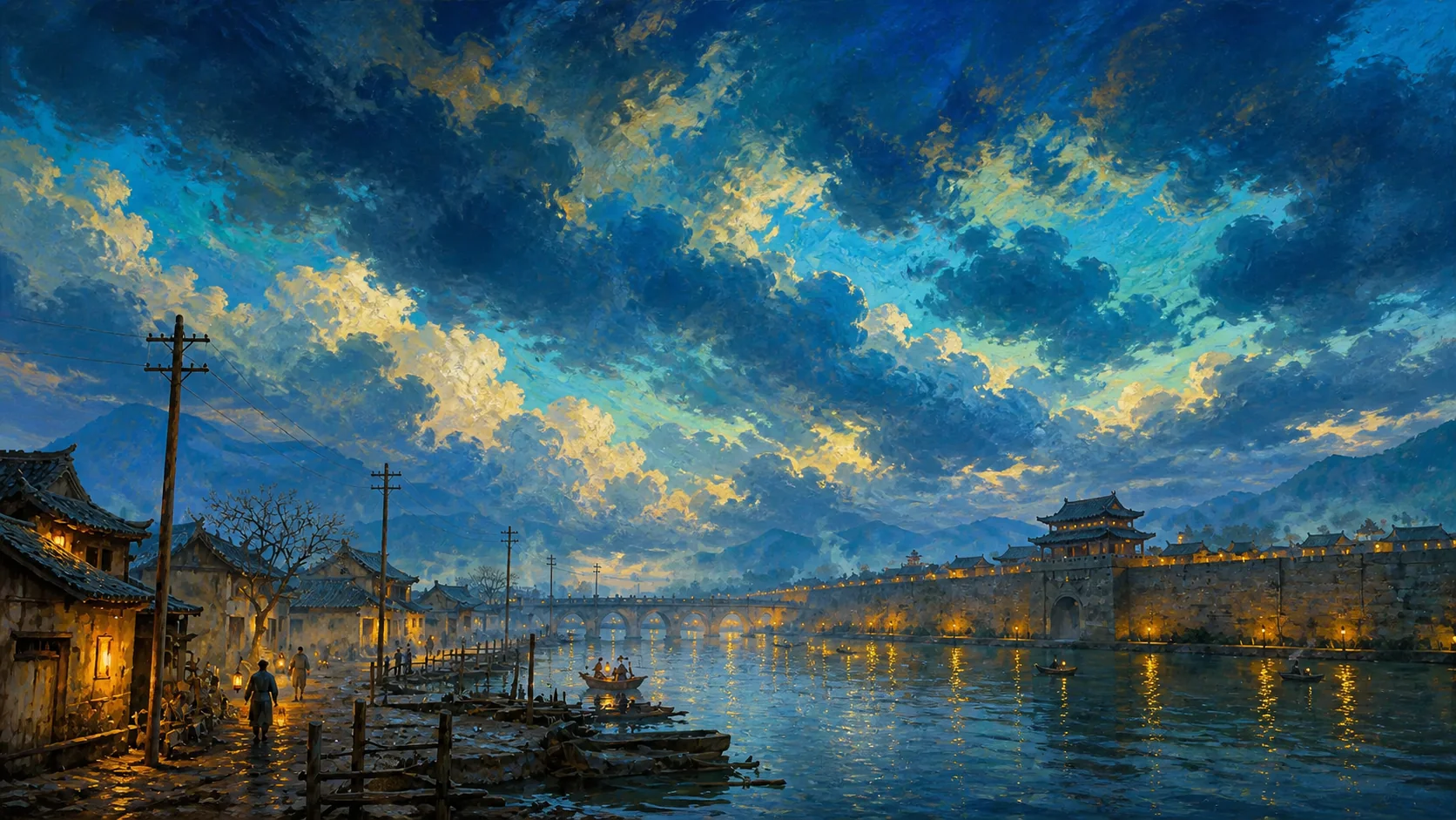 二十世纪上半叶中国河城的沉沉午夜，村舍、古桥与远处城墙被大面积风暴云压住，普通人只以提灯的微小远影出现；画面以夜色表现历史困境，不出现文字、旗帜、政治人物、战争伤亡或现代建筑