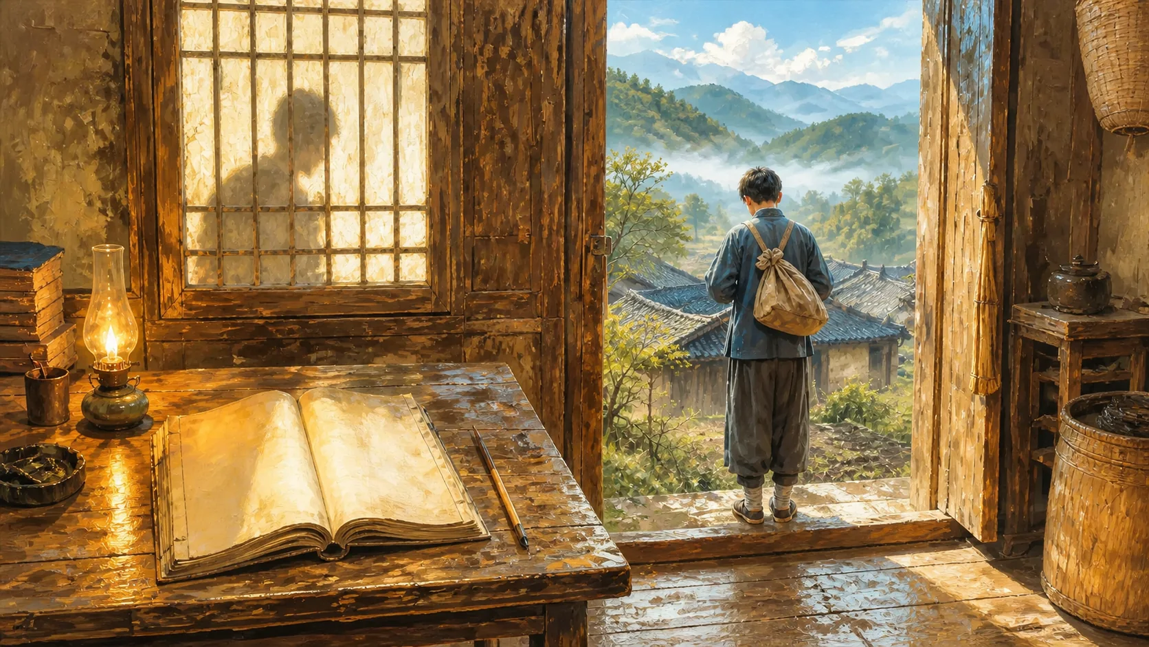 1910年秋天破晓前的韶山农家书房，一本没有可辨认文字的旧账簿摊在木桌上，纸角压着普通毛笔；门外十七岁少年的背影正系好布包，父亲只以隔窗灯影存在，画面克制呈现父子告别，不生成真实人物正脸、题字或后来年代的政治符号
