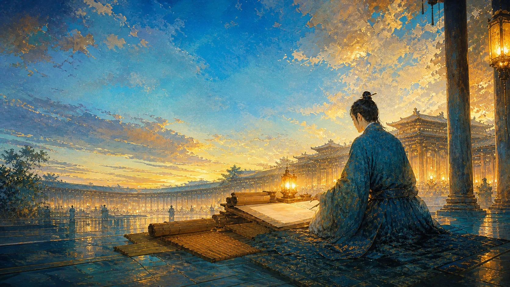 西汉意象中的青年文士背影在暖灯下展开无字竹简和空白帛书，远处廊庙柱影如山岳延伸，以天地尺度表现贾谊的才调而不塑造可识别历史肖像；画面无文字、旗帜、徽记或现代物件