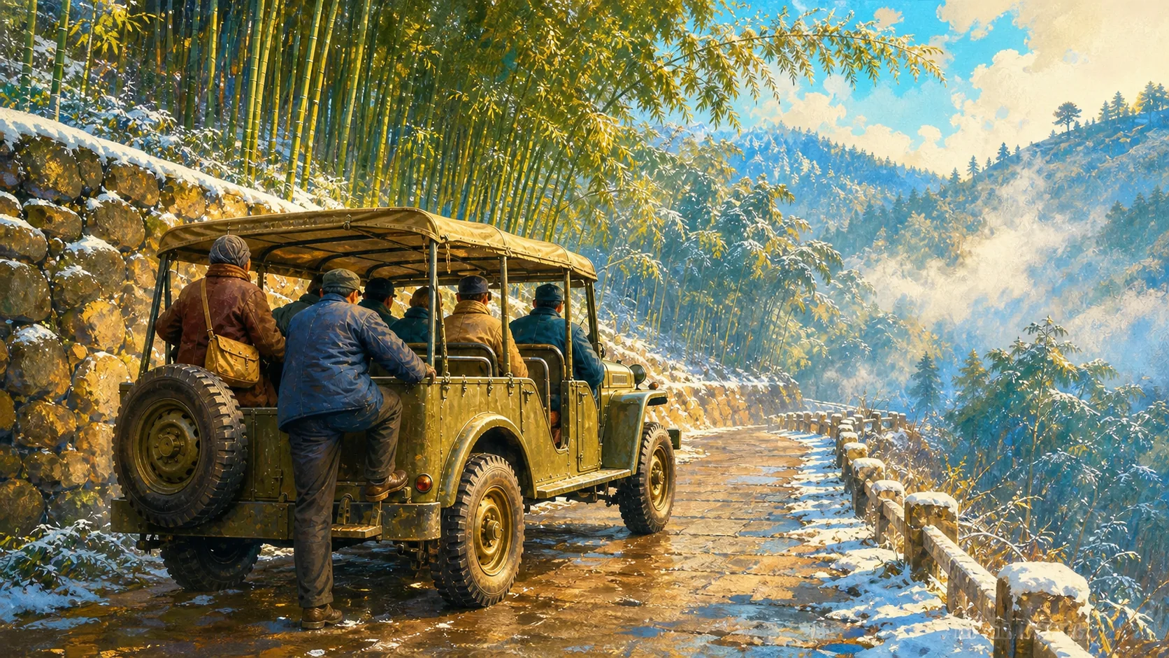 二十世纪五十年代初的莫干山冬日道路，一辆苏式三排座吉普车停在雪后竹林旁，匿名旅人正从车尾转身登车；人物不可辨认，车体无文字、徽记或号牌