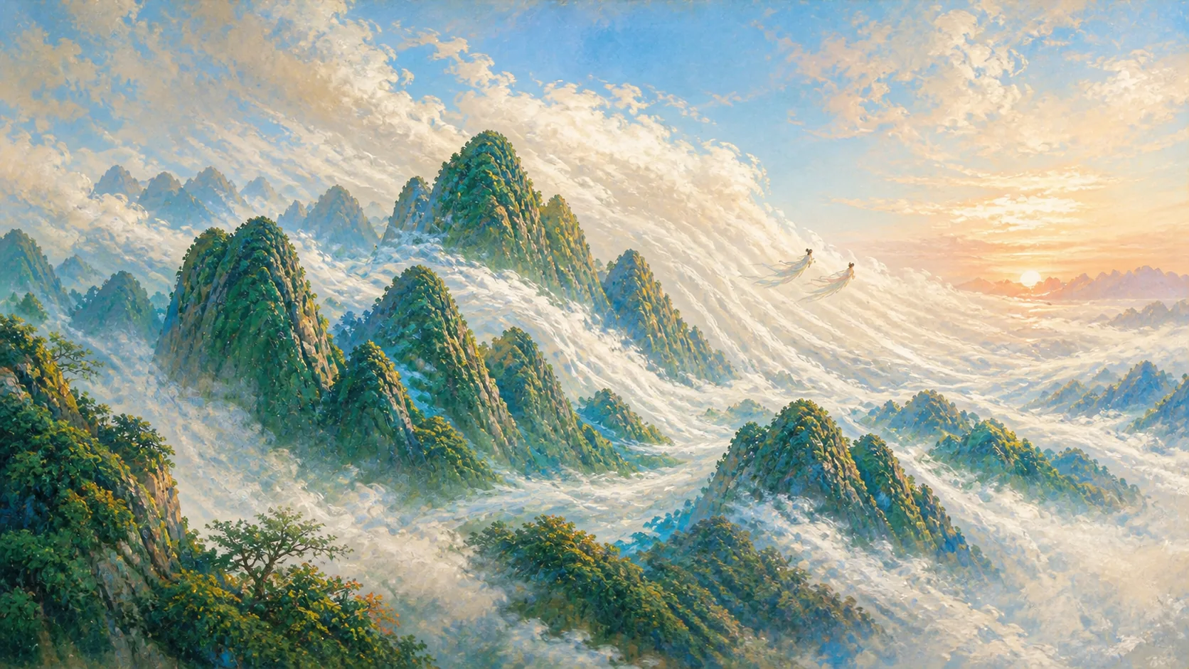 湖南南部九嶷山的层叠青峰从浩大白云中升起，银白云流斜贯群山，极远处两名身着先秦风格长衣的女子仅以微小神话远影随风下降，表现娥皇女英与湘夫人传统而不虚构历史照片；无文字、宫殿、巨大神像或可识别人物肖像