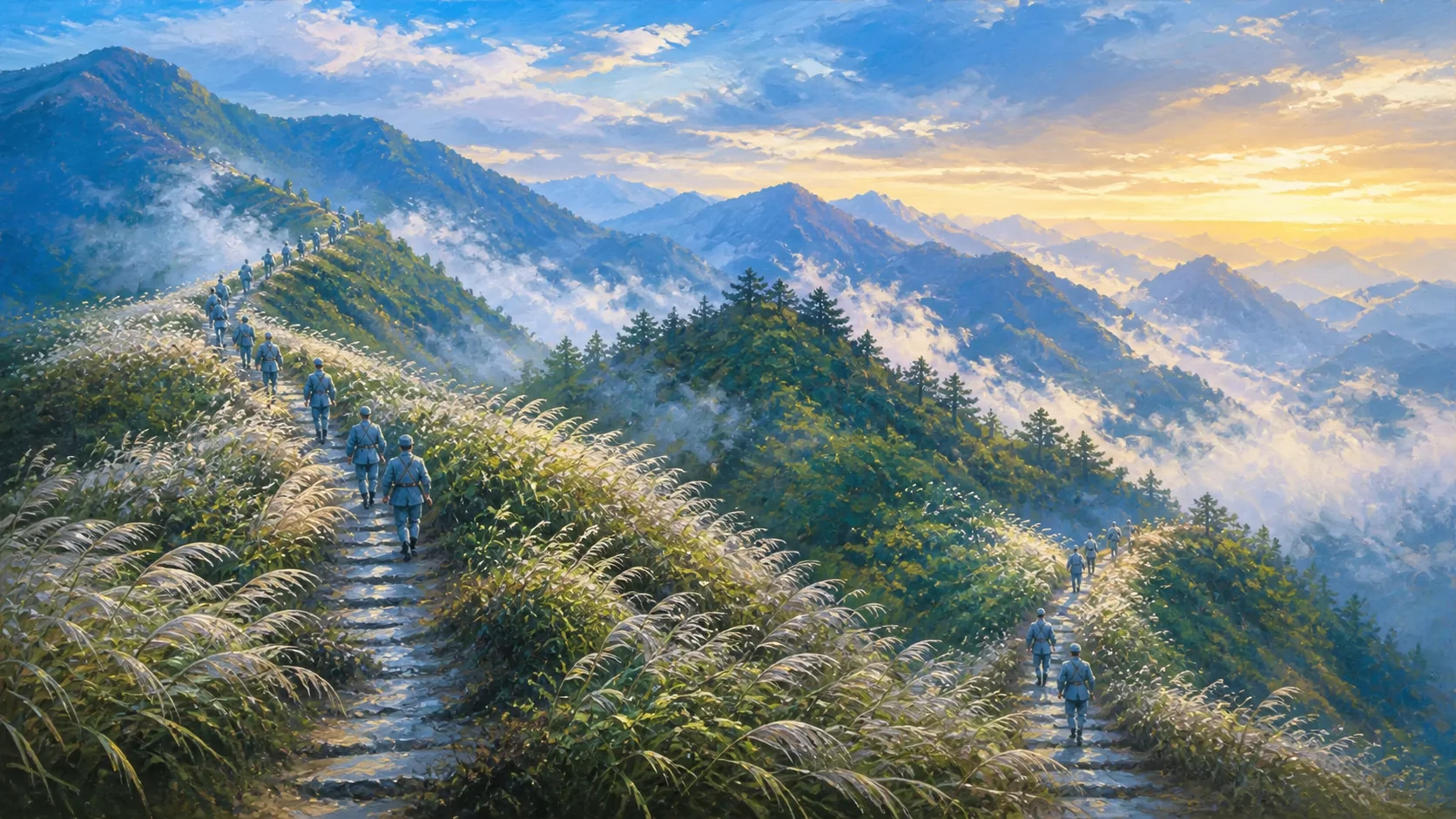 1920年代井冈山边区的冷色黎明，银白高草覆盖湿润山脊，一支匿名小队沿狭窄石径快速前进，又在林坡两侧暂时分路；群山和云雾占据绝大部分画面，人物只见背影且没有可辨认面孔、标志、旗帜、文字或近景武器