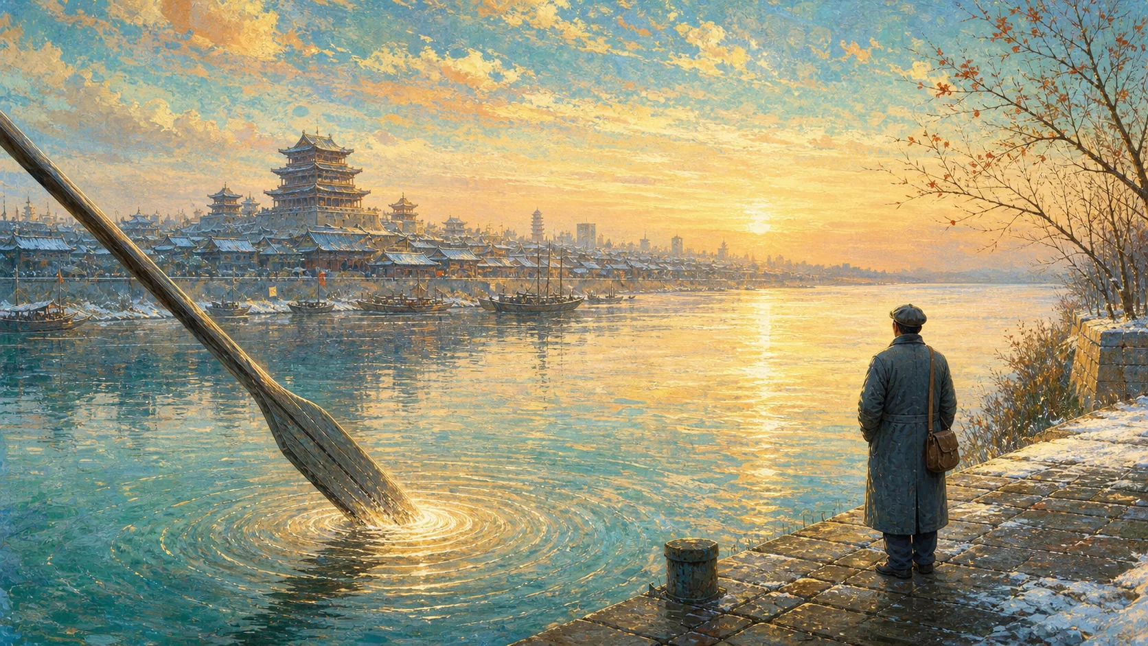 冬日清晨的赣江横贯旧南昌，远处滕王阁式古城轮廓沉在薄雾中，一名匿名旅人背对镜头站在堤岸；近水处一支巨大古木桨击出发光涟漪，将1965年的重访与祖逖中流击楫典故相连