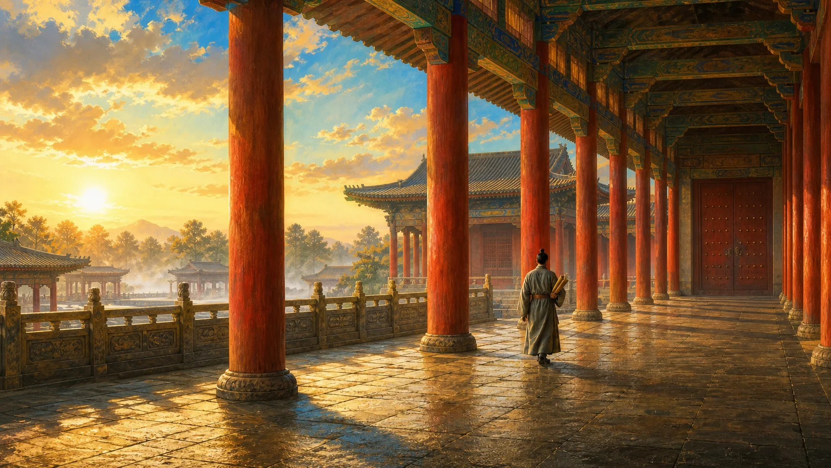 西汉长安想象中的高阔宫廊与晨光，一名二十岁左右的青年学者只以极小背影携无字竹简走向远处朝堂，层层朱柱把开阔前路渐渐收束为尚未开启的暗门；不出现可辨认贾谊肖像、帝王正脸、文字、龙袍崇拜、旗帜徽章或现代建筑