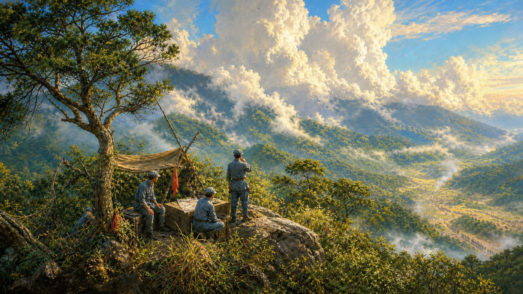 1931年5月江西泰和白云山的森林低山在湿冷黎明中展开，巨大的白色积云像墙一样从山脊上竖起，古树旁的简陋指挥点只有几名背对镜头的匿名红军观察员，谷底极远处可见被雾切开的队伍运动；不出现雪山、字面站立的人形云、毛泽东或其他领袖正脸、可读地图和现代装备
