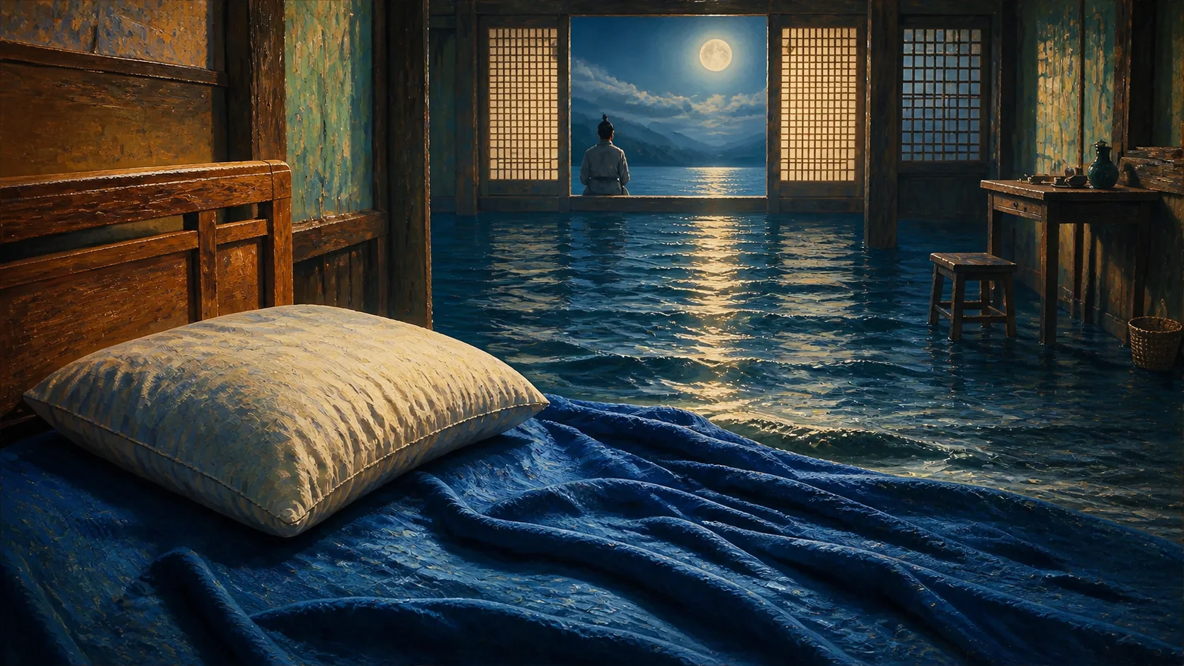 民国初年朴素木屋的深夜内景，前景空枕与深蓝被褥在月光中延展，地面倒影像暗海翻涌，远处窗前只有无法辨认面容的极小背影；江海是愁绪的视觉隐喻，不表现真实洪水，也不出现现代物件、文字或政治符号