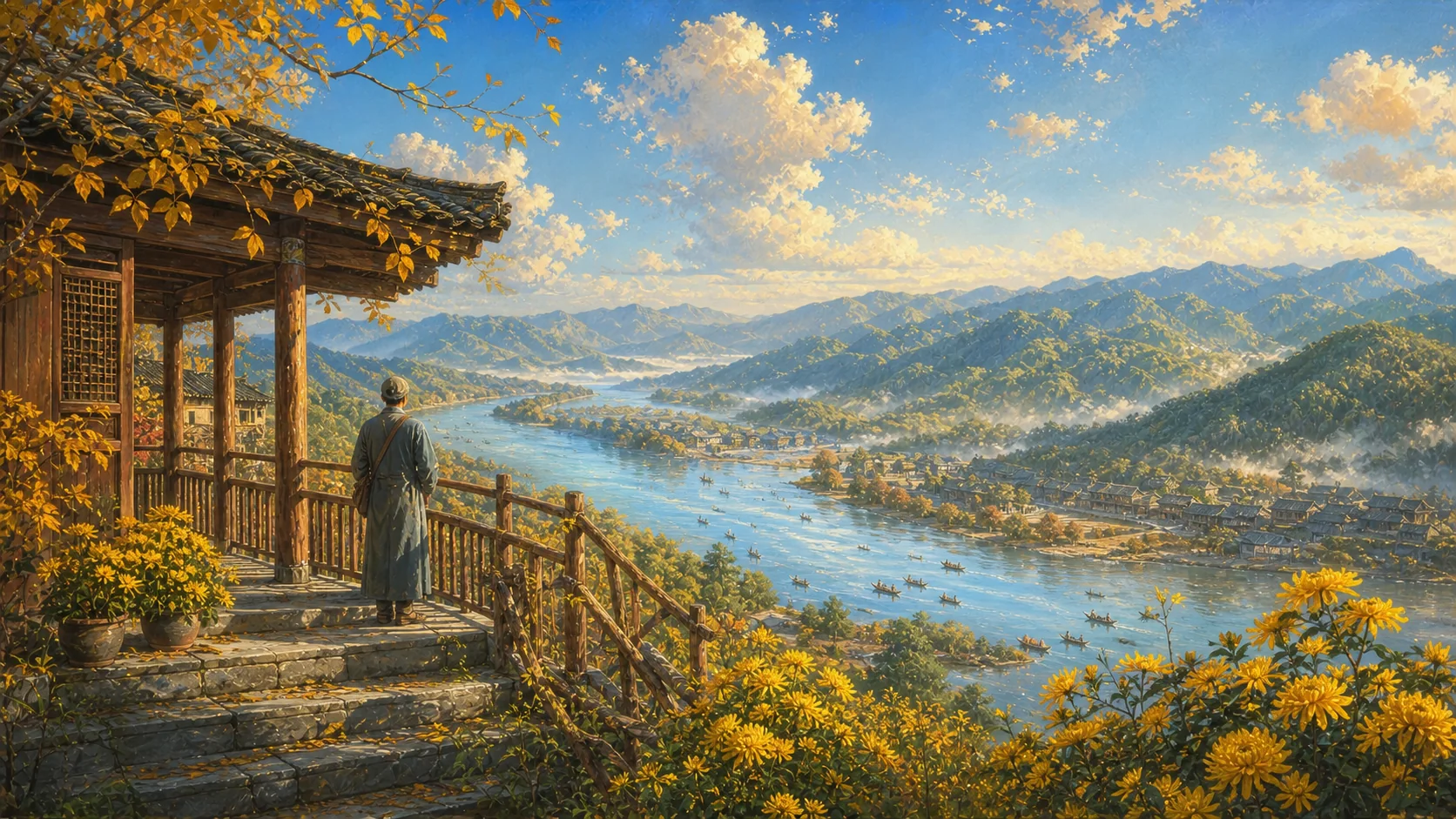 1929年重阳清晨,上杭临江楼的旧木栏与石阶旁,一位无名革命者背对观者远望汀江和无际秋空,落叶与黄菊对照人世岁月