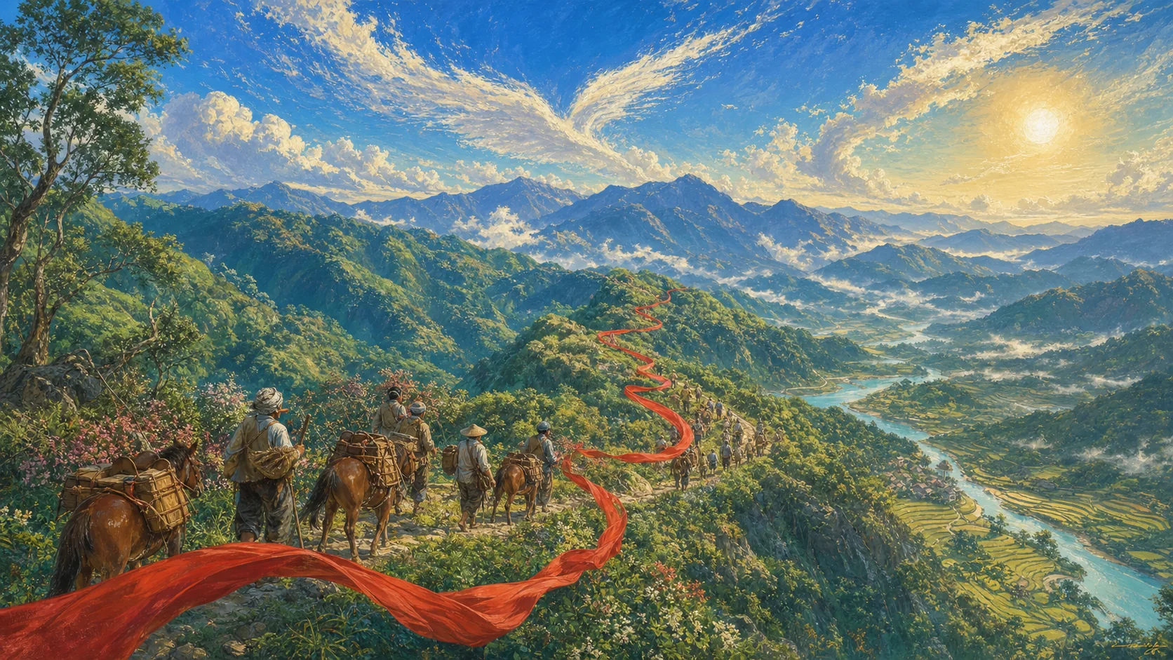 1930年夏季闽西群山下,穿旧式灰蓝衣装并带驮马的匿名队伍沿山脊前进,一道没有文字和徽记的深红长带从近处山路蜿蜒到远方;巨大乌云隐约形成翼状压力但不画成真实鹏鸟,画面以长缨和云翼表现正义出征与强敌对峙,不出现天神军队、领袖正脸、现代装备或五星旗