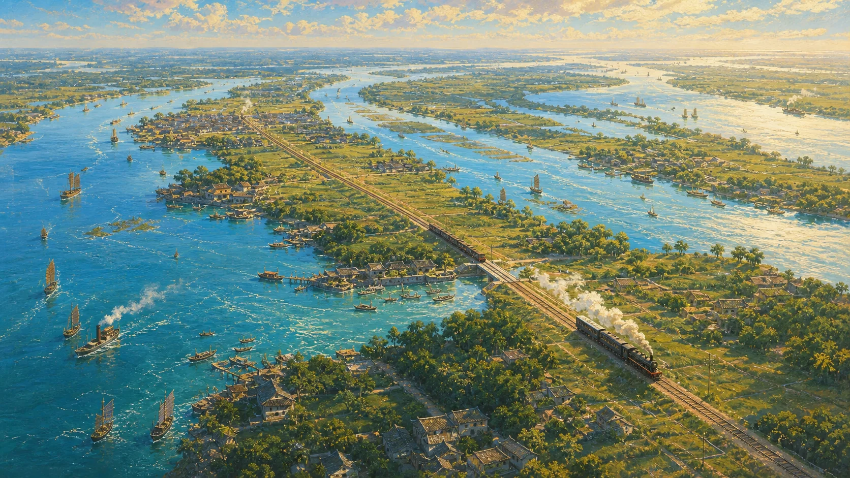 1927年武汉上空的史诗远景,长江与支流水系横贯大地,细长铁路和蒸汽列车纵穿南北;画面不出现尚未建成的武汉长江大桥与现代黄鹤楼