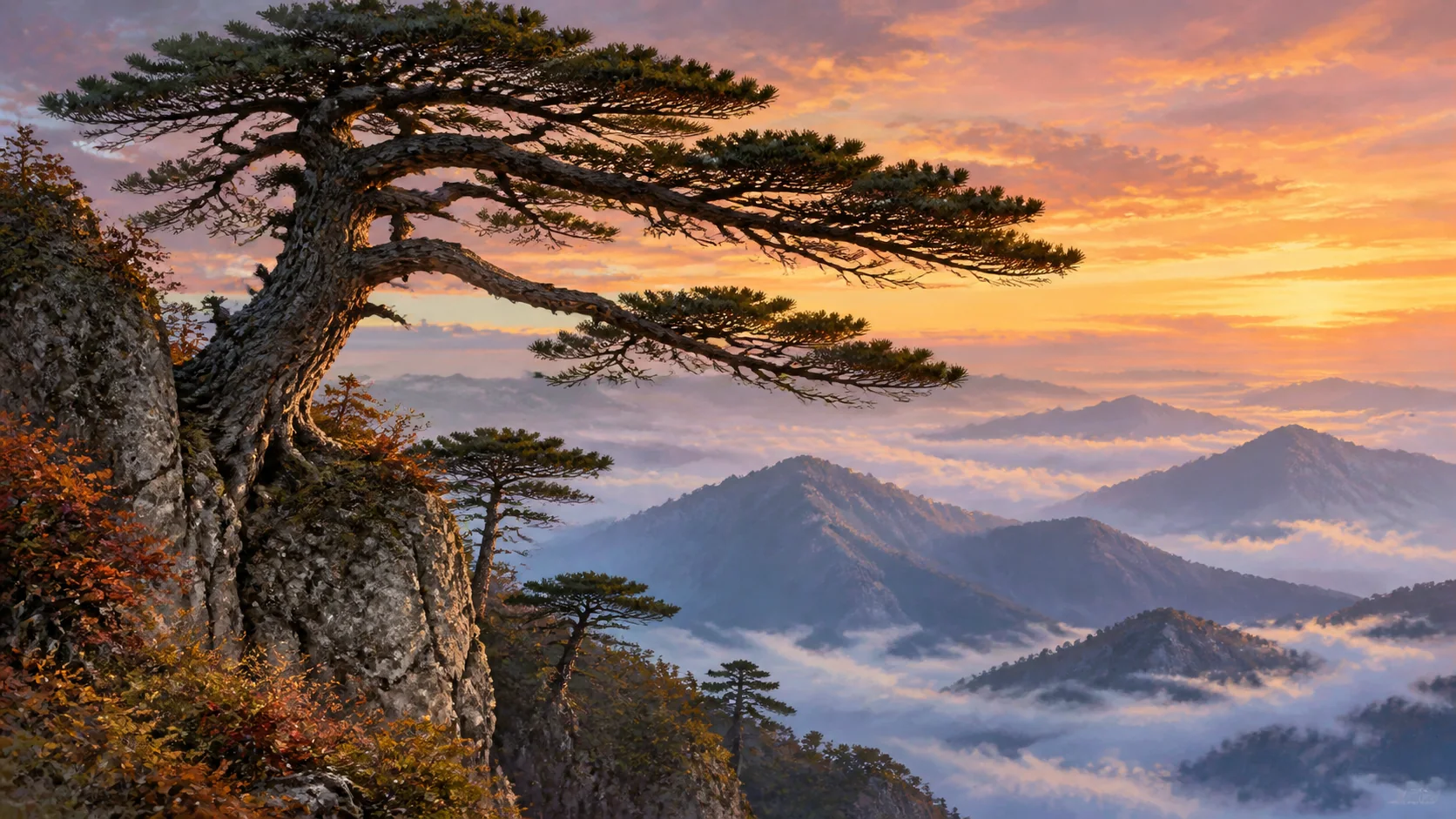 庐山秋日暮色中,一株古松扎根花岗岩险壁,虬曲枝干横过画面上方,远处多层山岭沉入蓝灰云雾;画面依据庐山湿润山地气候,不出现人物、题字或现代设施