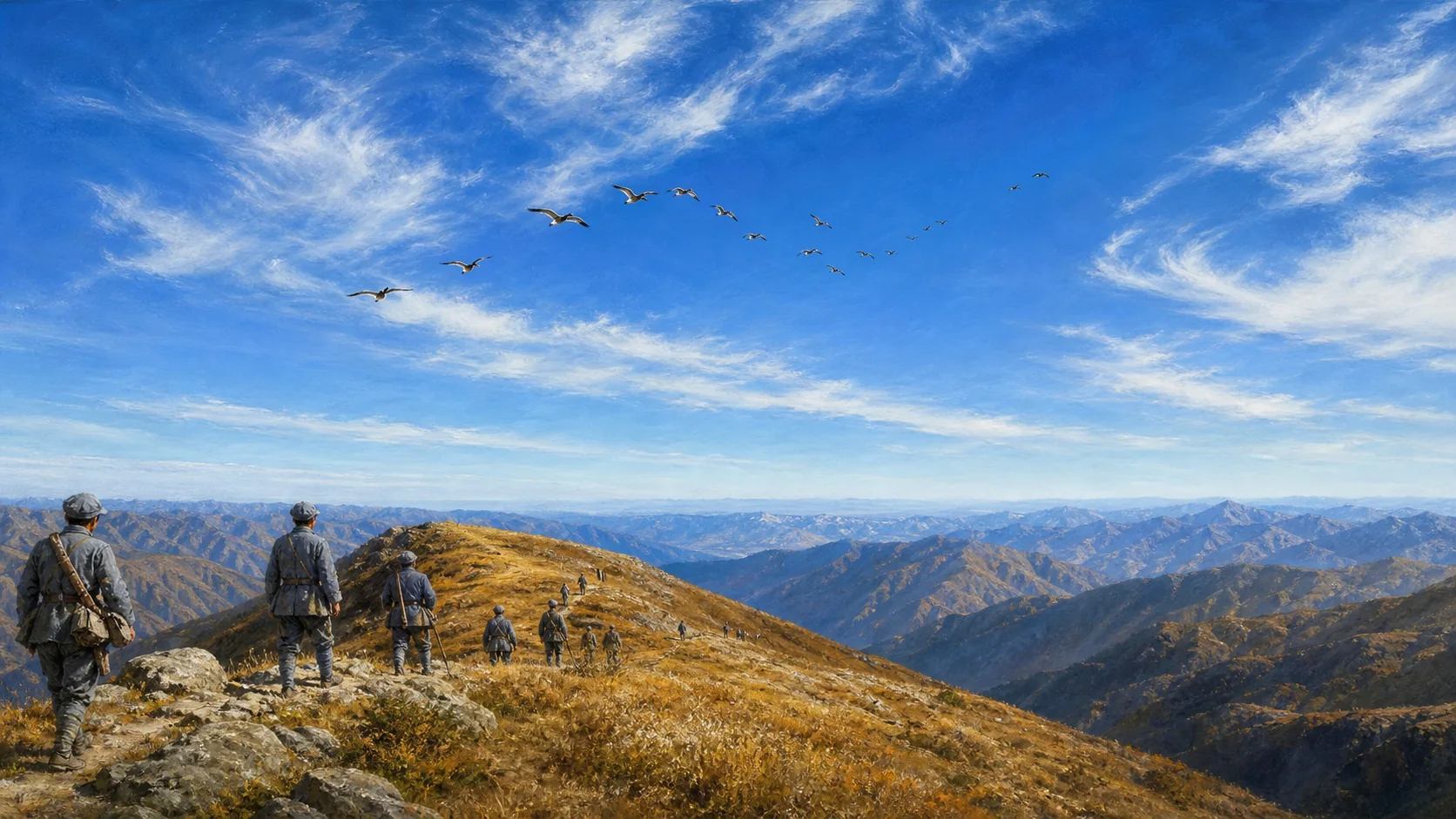 1935年10月六盘山高处,深蓝秋空与稀薄云丝占据大部分画面,南飞雁阵渐远,身穿灰蓝棉军装的无名红军人物和小队在赭色山脊上显得极小,画面没有现代设施