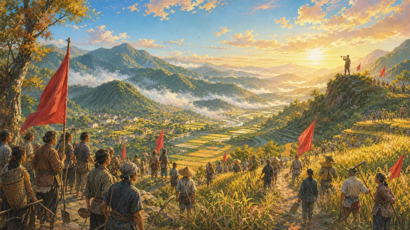 秋日薄雾中,工农队伍举着红旗在山野集结