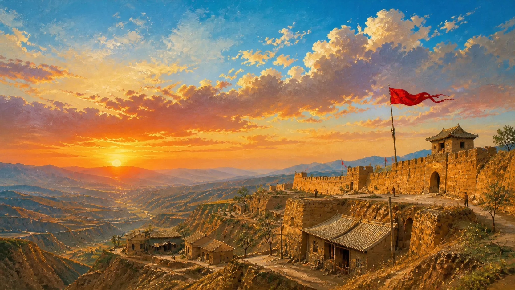 1936年陕北保安的黄土城墙和窑洞聚落铺在沟壑之上,落日从群山后照来,一面无文字红旗在高处迎着西风舒展,极小的无名行人只用于标示孤城尺度