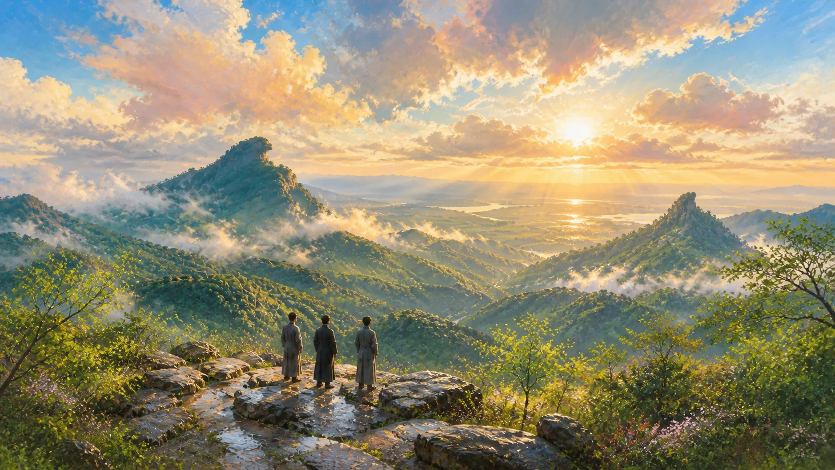春雨后的衡岳与岳麓山系想象,积云从天马、凤凰两峰上方裂开,春树和湿岩被晨光照亮,三名1918年前后青年学生只以极小背影站在高处远望;不出现可辨认人物正脸、现代建筑、文字、旗帜或政治符号