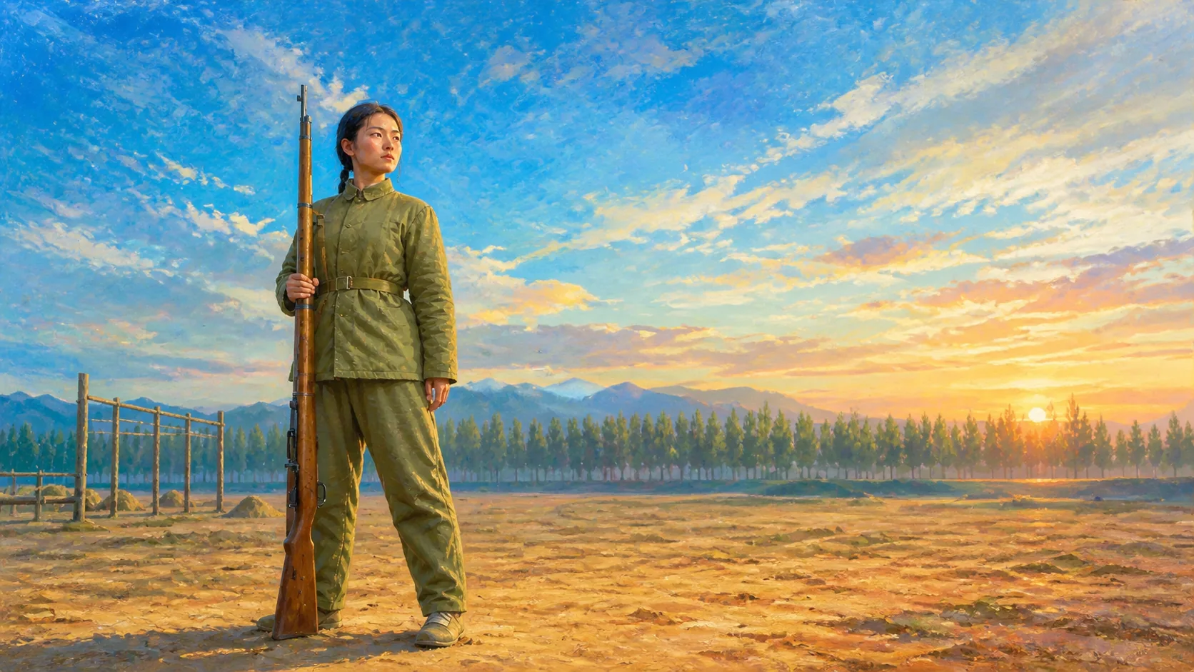 二十世纪六十年代初的清晨演兵场,一位普通青年女民兵身着朴素训练服,以安全姿势竖持木托长枪站在辽阔天空下;人物不对应任何真实肖像,画面无文字、旗帜、徽记和现代装备