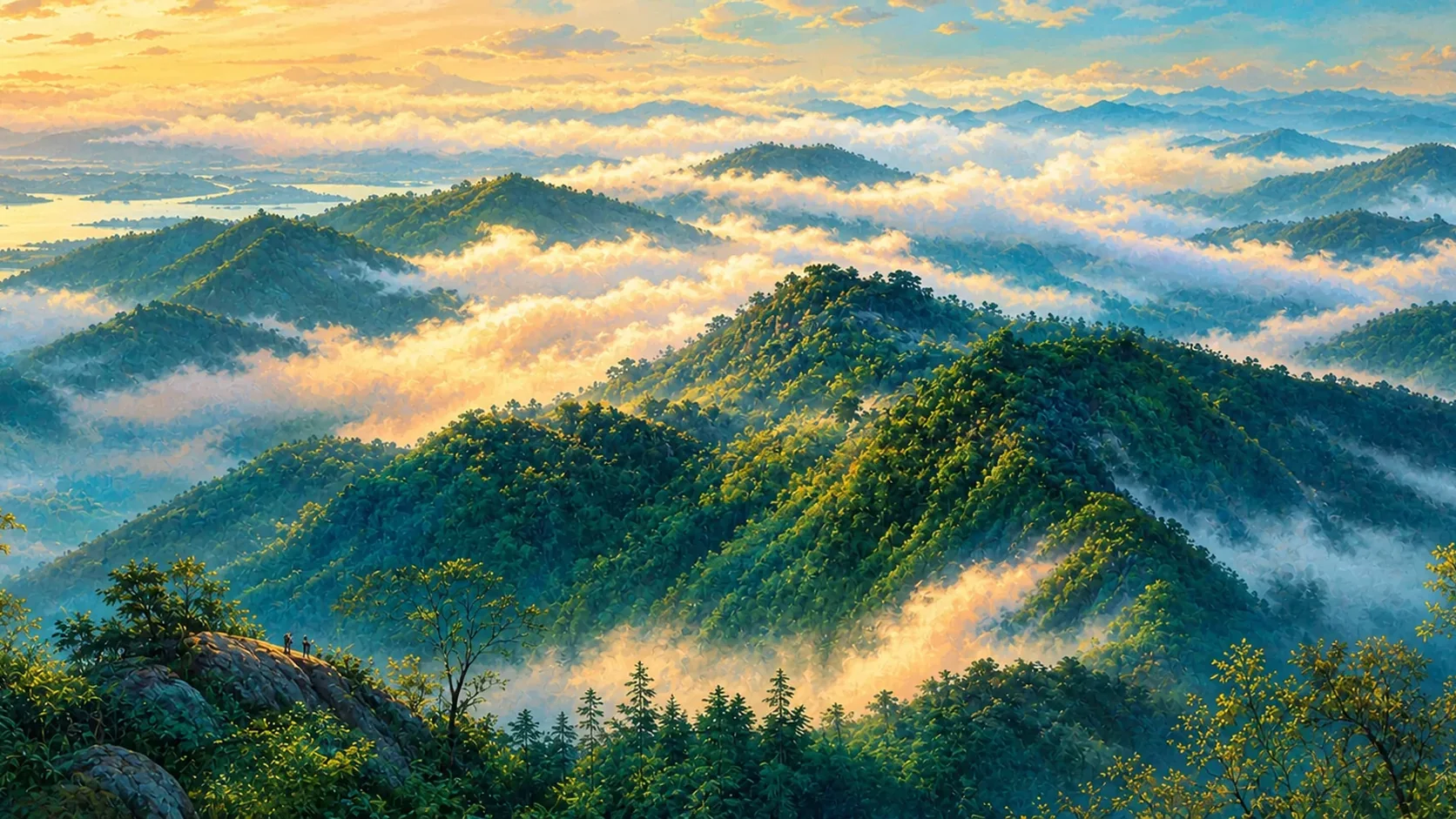 雨后清晨的杭州五云山群峰铺展,五层明暗与冷暖不同的云带沿山脊飞流,亚热带山林沉入墨绿前景;画面无文字、旗帜、徽记、现代建筑或可识别人物