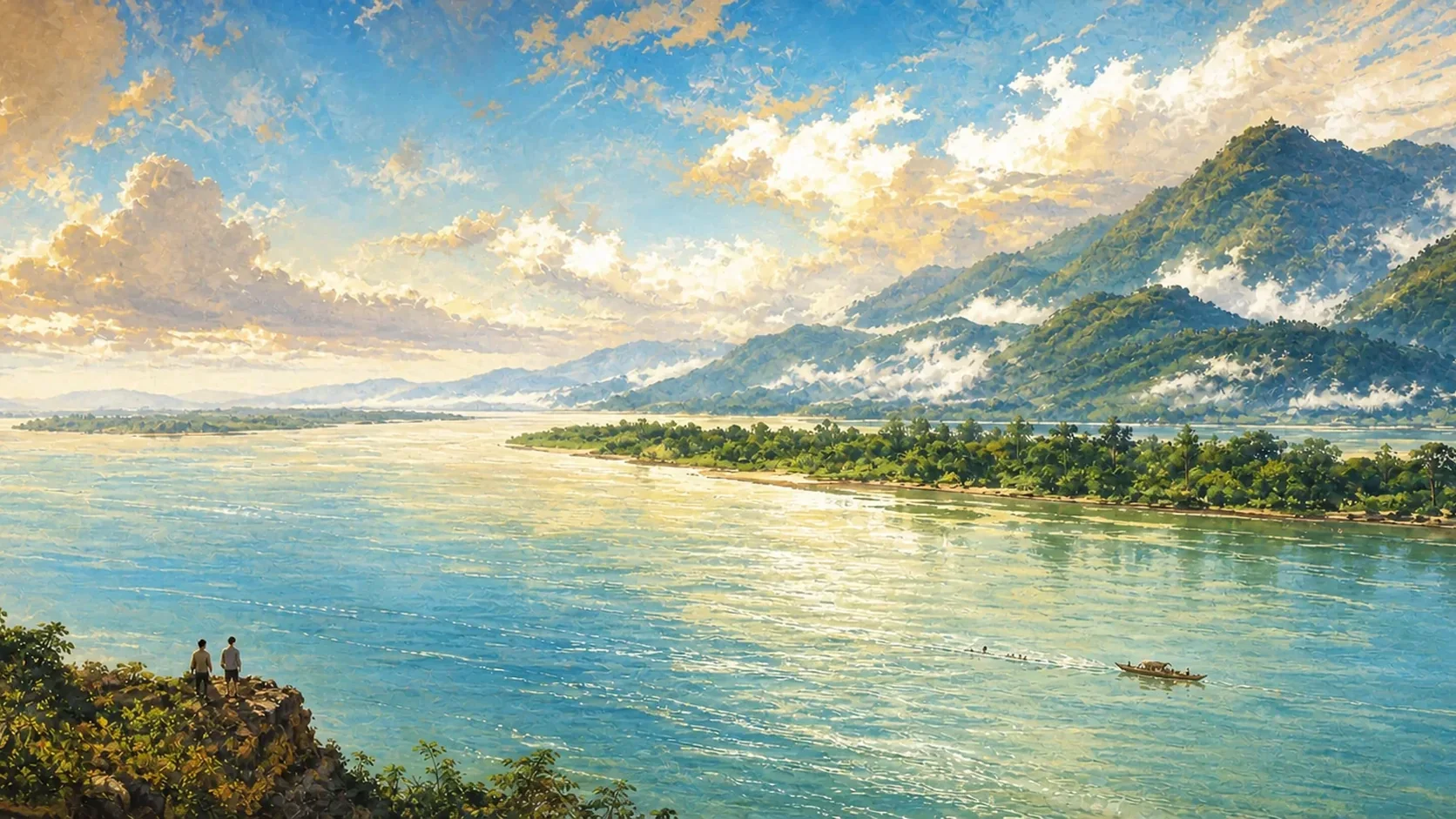 暴雨后的湘江浩荡展开,浓绿橘子洲与岳麓层峰隔江相接,江中只有极小游泳水线和护航木船,岸边两位旧同窗为不可识别背影;画面强调江山尺度,不出现领袖肖像、文字、旗帜、徽记或危险溺水