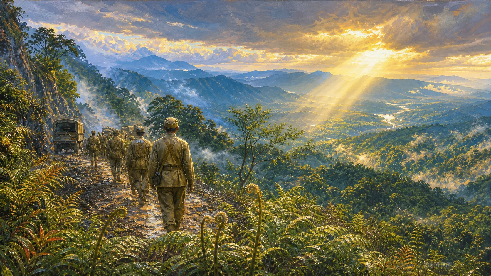 1942年清晨,中国远征军无名队伍与少量帆布军车沿湿润山路进入缅甸热带谷地,一名不可识别正脸的军官与士兵同行,近景蕨薇承接诗经采薇的戍边意象,风暴云间落下一束故国方向的金光