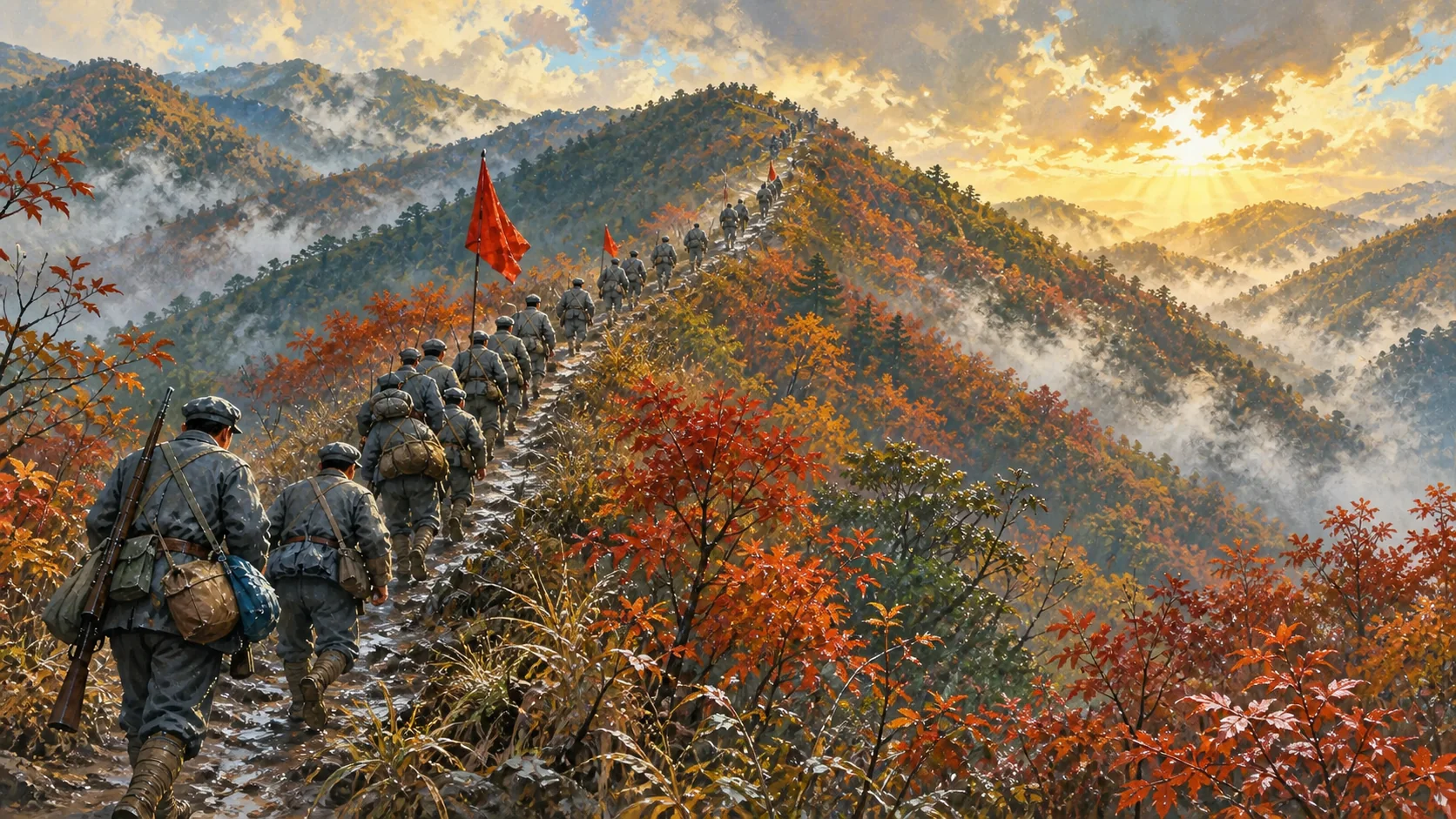 1930年12月底江西南方低山在湿冷晨雾中层层展开,草叶和枝梢只有薄霜而无积雪,枫与乌桕等冬叶呈赭红暗红;穿灰蓝旧式棉衣和草鞋的匿名红军队伍沿湿润山脊上行,少量无字旧红旗与破云晨光形成向上动势,不出现雪山、字面天兵、神仙、领袖正脸或现代装备